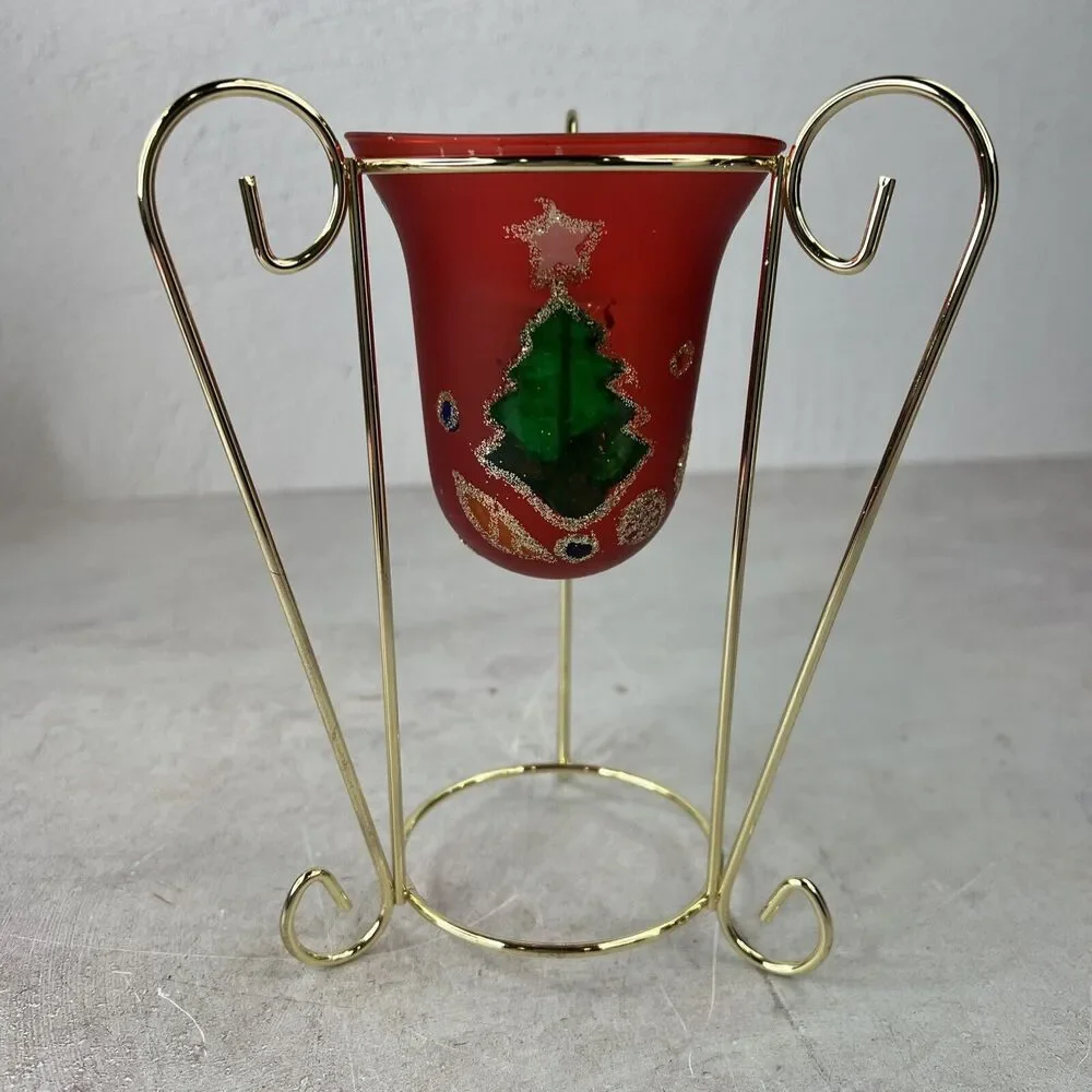 Vintage Hand painted Red Glass Candle Holder With‎ Metal Stand Chipped Paint